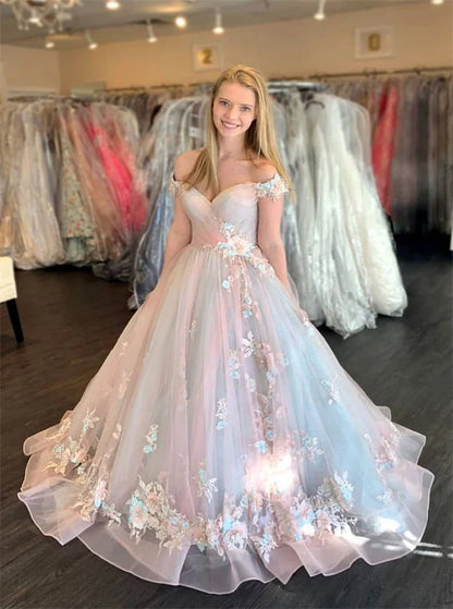 Pink strapless delicate floral applique long tulle fairy princess ball gown evening dress coming of age ceremony dress gh2278