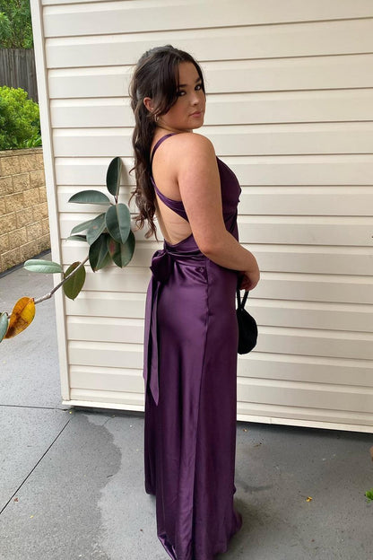 V Neck Yellow Satin Bow Back Party Dress Gala Dresses Elegant