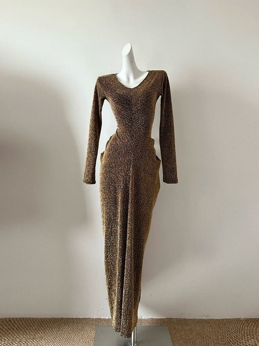 Brown Shiny Sexy Fashion Elegant Long Sleeve Long Sequin Exquisite Beaded Ball Gown Evening Gown Party Dress Prom Gown gh4040