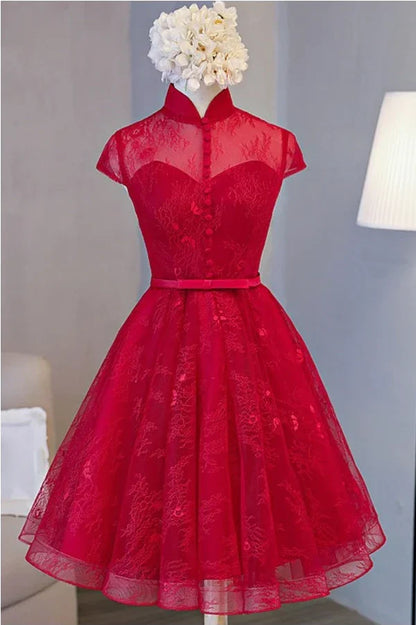 PM311,Navy Blue Homecoming Dresses,Lace Homecoming Dress,High Neck Mini Prom Dresses