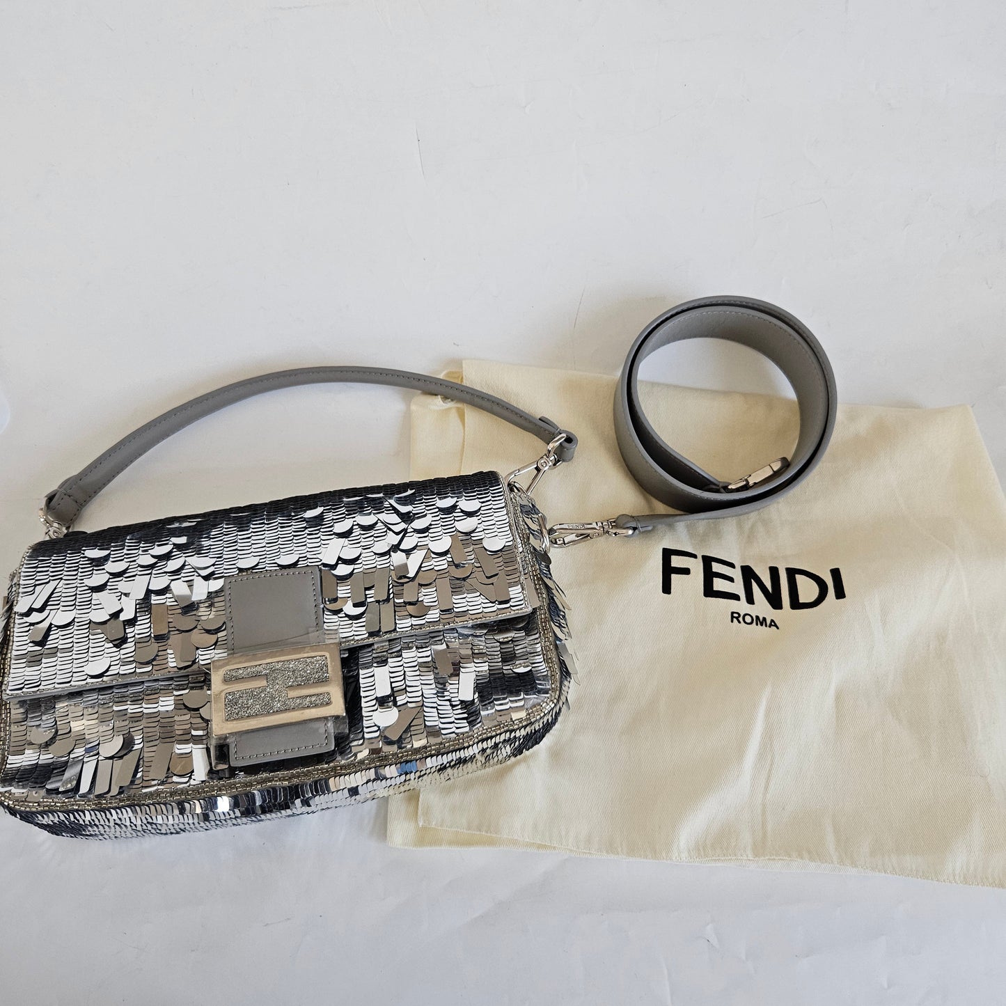 Fendi silver sequin and leather baguette bag
