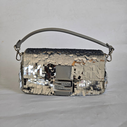 Fendi silver sequin and leather baguette bag