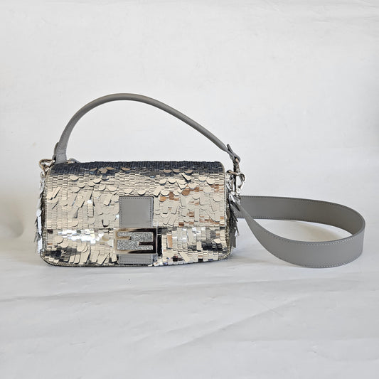 Fendi silver sequin and leather baguette bag
