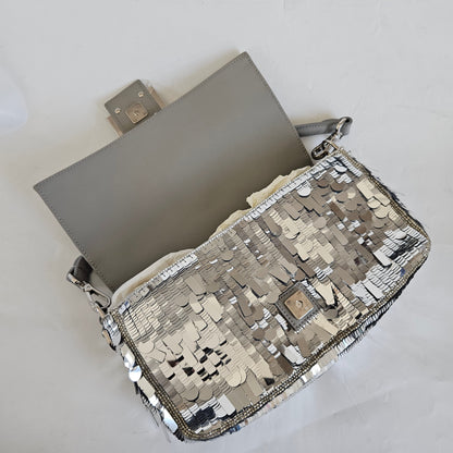 Fendi silver sequin and leather baguette bag