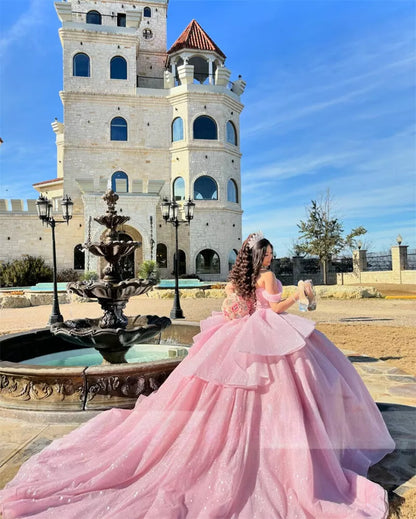 Pretty Ball Gown Off The Shoulder Pink Tulle Long Quinceanera Dress Formal Gowns Vestido De 15 Anos Sweet 16 Dress DH1841