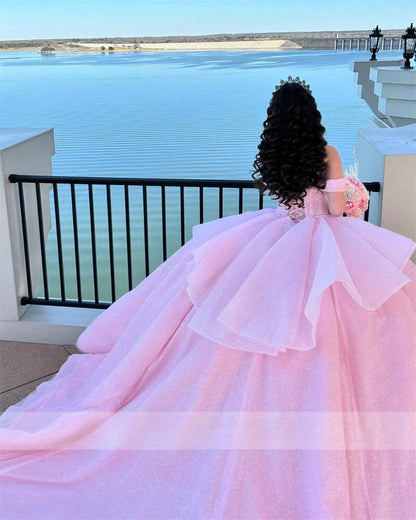 Pretty Ball Gown Off The Shoulder Pink Tulle Long Quinceanera Dress Formal Gowns Vestido De 15 Anos Sweet 16 Dress DH1841