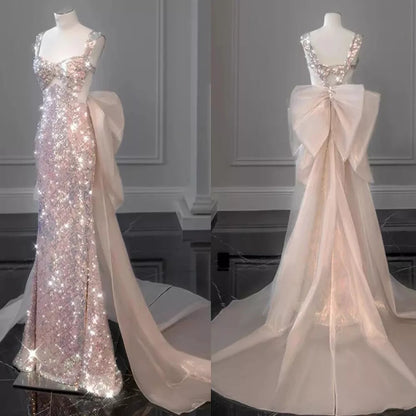 pink gorgeous sparkling pretty mermaid ball gown with detachable bow long elegant sequin formal prom dress eveng Dress Party Dress gh3544