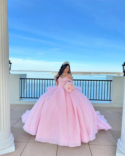 Pretty Ball Gown Off The Shoulder Pink Tulle Long Quinceanera Dress Formal Gowns Vestido De 15 Anos Sweet 16 Dress DH1841