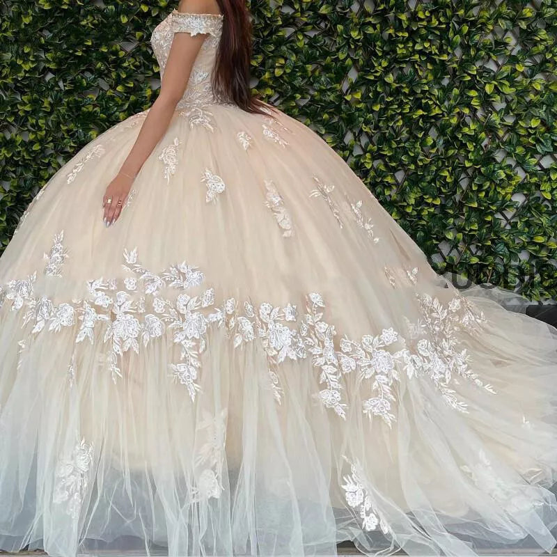 Champagne gorgeous exquisite lace applique off-shoulder long quinceanera dress 15 years old prom dress debutante dress prom dress gh981