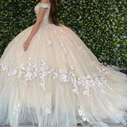 Champagne gorgeous exquisite lace applique off-shoulder long quinceanera dress 15 years old prom dress debutante dress prom dress gh981