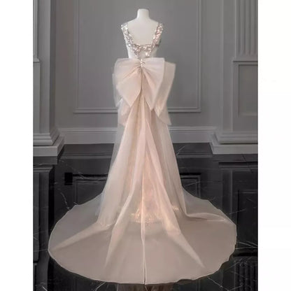 pink gorgeous sparkling pretty mermaid ball gown with detachable bow long elegant sequin formal prom dress eveng Dress Party Dress gh3544