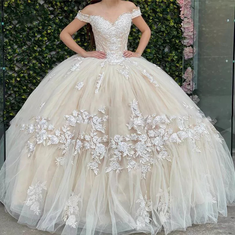 Champagne gorgeous exquisite lace applique off-shoulder long quinceanera dress 15 years old prom dress debutante dress prom dress gh981