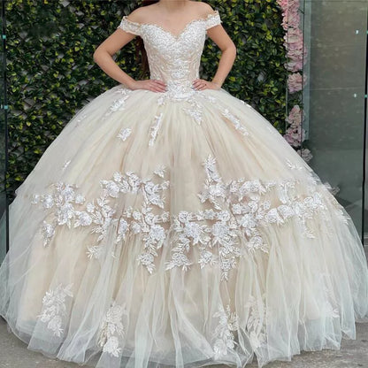 Champagne gorgeous exquisite lace applique off-shoulder long quinceanera dress 15 years old prom dress debutante dress prom dress gh981
