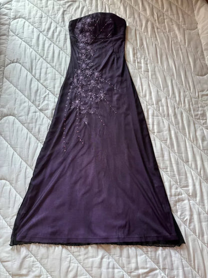 Purple Gorgeous Exquisite Embroidered Applique Beading Strapless Long Elegant Tulle Ball Gown Evening Dress gh3223