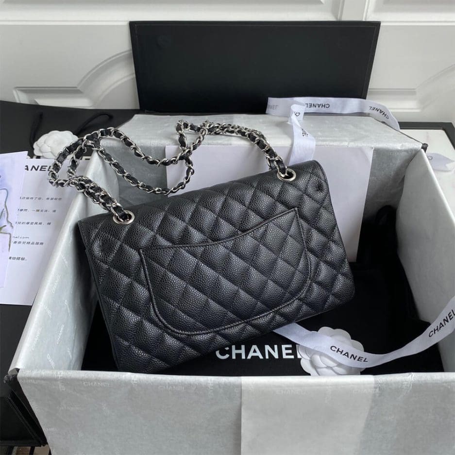 CHANEL CLASSIC HANDBAG Grained Calfskin & Silver Metal