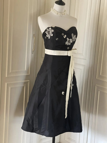 Black and White Elegant Stylish Exquisite Beaded Midi/Short Satin Homecoming Dresses Prom Dresses Evening Dresses Party Dresses Prom Dresses gh3999