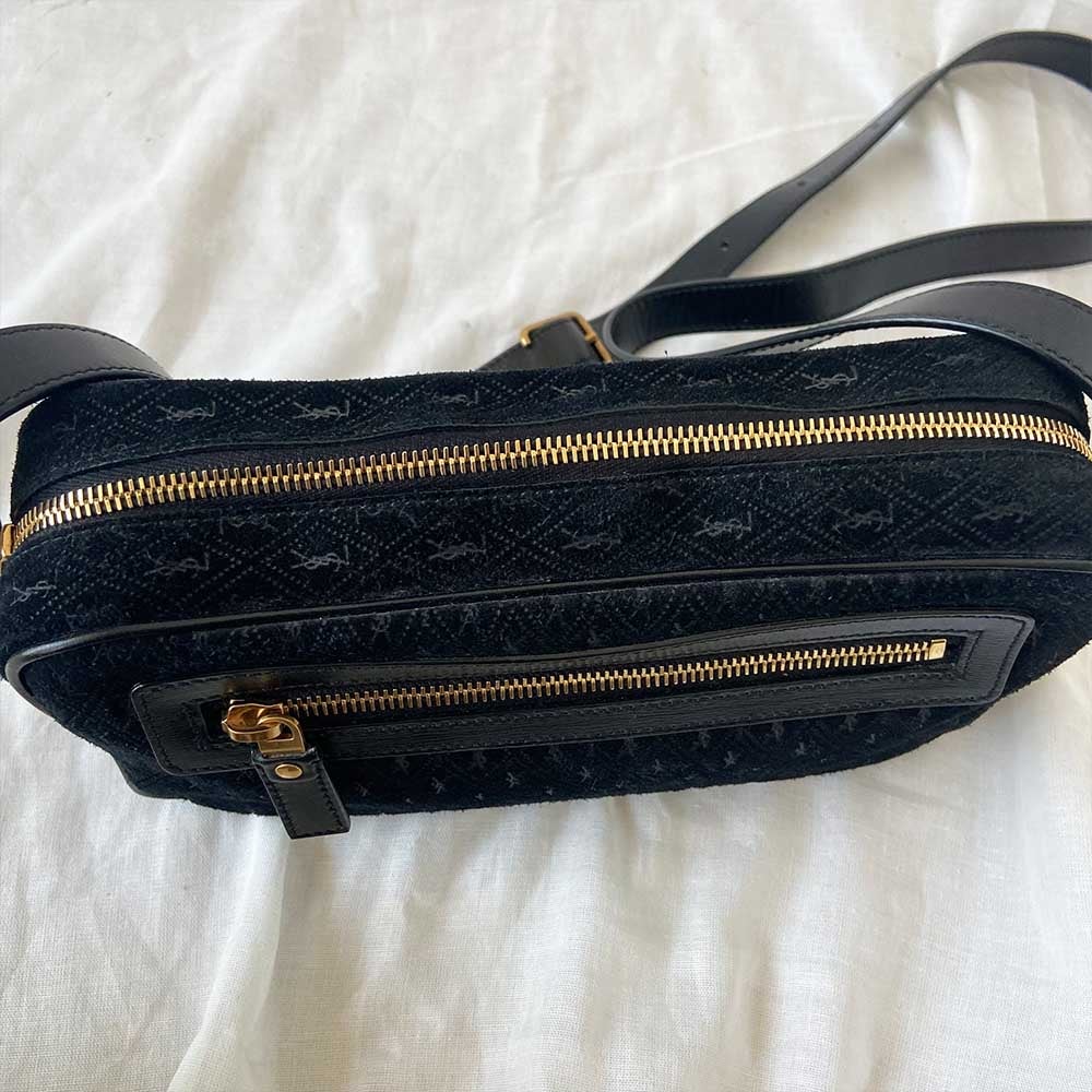 Saint Laurent Monogram Debossed Suede Camera Crossbody Bag