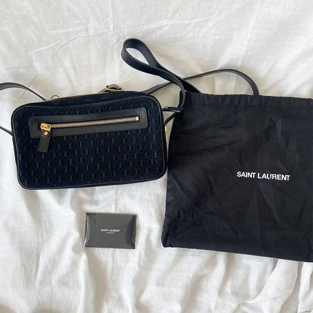 Saint Laurent Monogram Debossed Suede Camera Crossbody Bag
