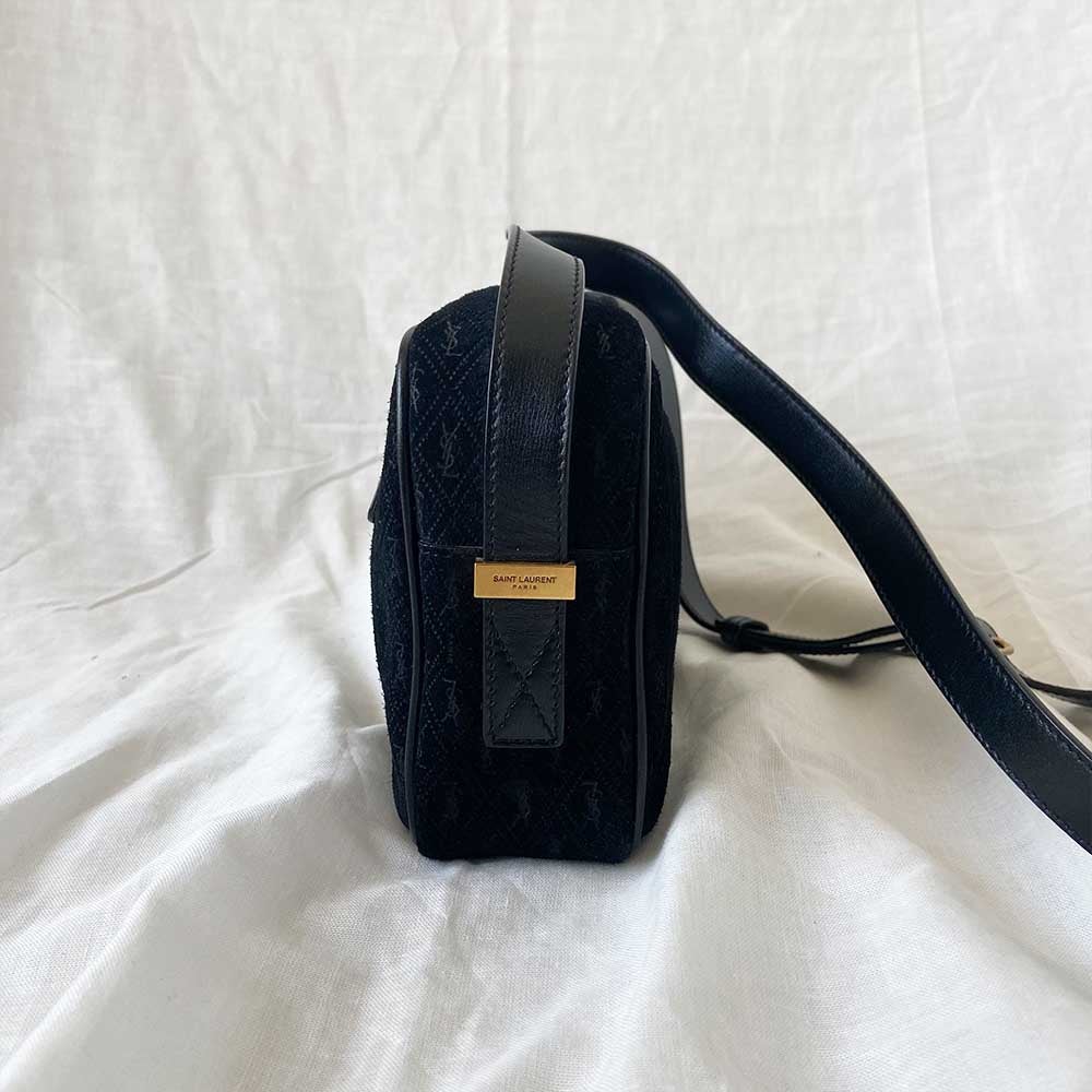 Saint Laurent Monogram Debossed Suede Camera Crossbody Bag