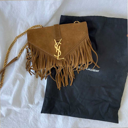 Saint Laurent Monogram Suede Fringe Shoulder Bag