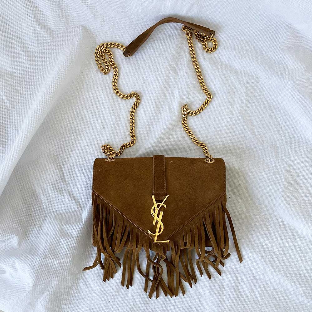 Saint Laurent Monogram Suede Fringe Shoulder Bag