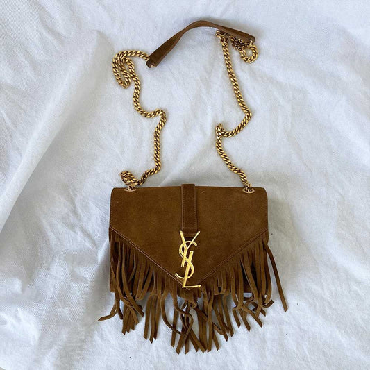 Saint Laurent Monogram Suede Fringe Shoulder Bag