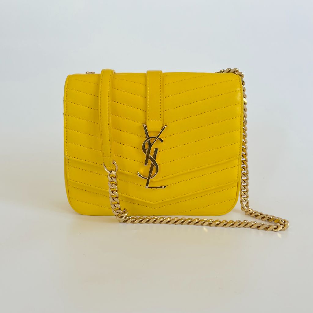 Saint Laurent yellow chevron stitch double flap crossbody bag