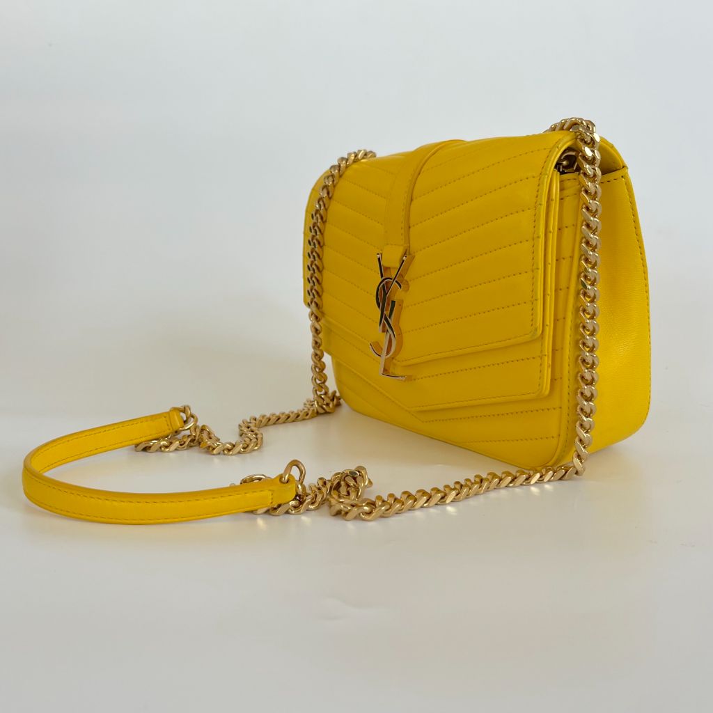 Saint Laurent yellow chevron stitch double flap crossbody bag