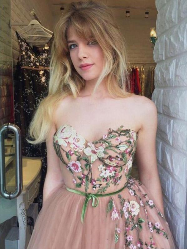 Sexy Dusty Pink Sweetheart Strapless Lace Top A-line Long Prom Dress