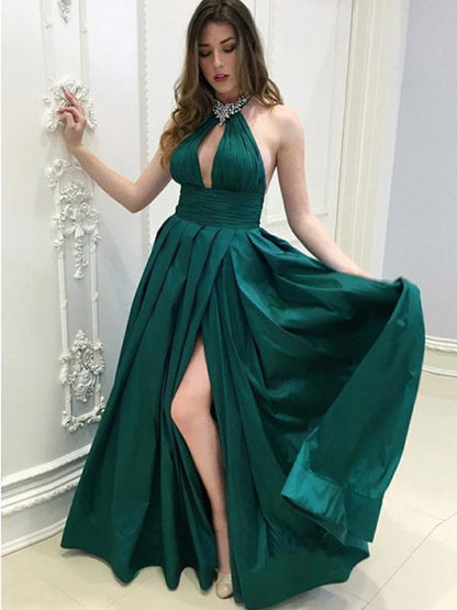Sexy Halter Emerald Green Open Back A-line Side-slit Long Prom Dress