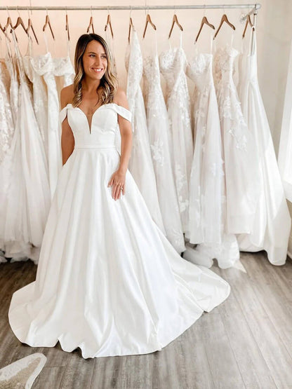 Unique Off the Shoulder Satin Wedding Dresses Chapel Train