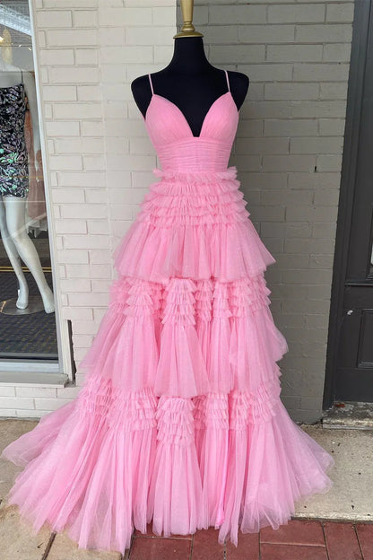 Spaghetti Straps V-Neck Layers Formal Party Prom Dresses