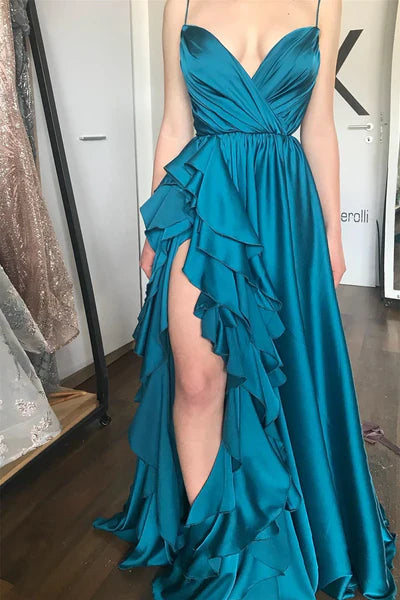 Elegant A Line Spaghetti Strap Ruffle Blue Satin Slit  Long Prom Dress Graduation Prom Dress SH2577