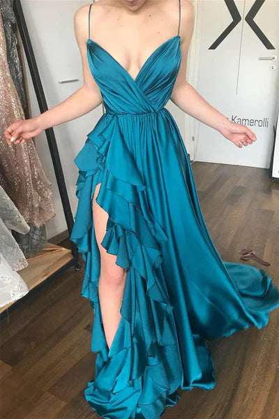 Elegant A Line Spaghetti Strap Ruffle Blue Satin Slit  Long Prom Dress Graduation Prom Dress SH2577