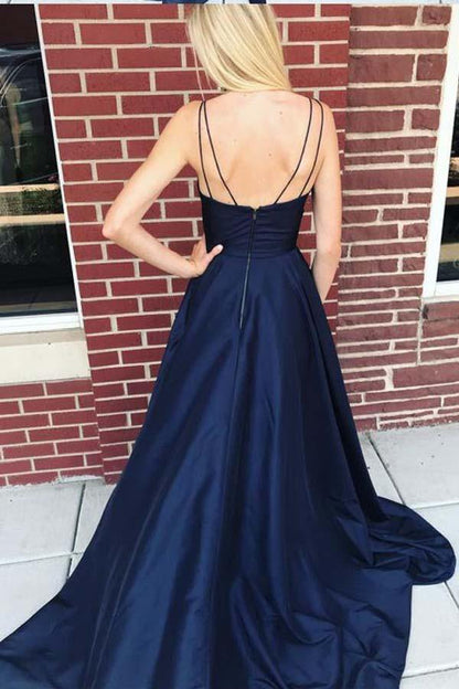 Straps Navy Blue Satin Long Prom Dress,Side Split Evening Dresses