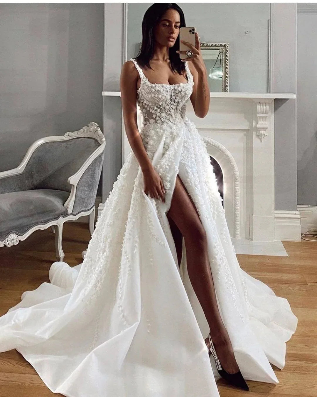 White fantasy square neck slit lace applique long tulle backless bridal gown wedding dress gh2404