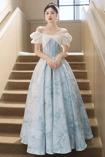 White and Blue Printed Floor Length Prom Dress, Lovely Short Sleeve Formal Evening Dress