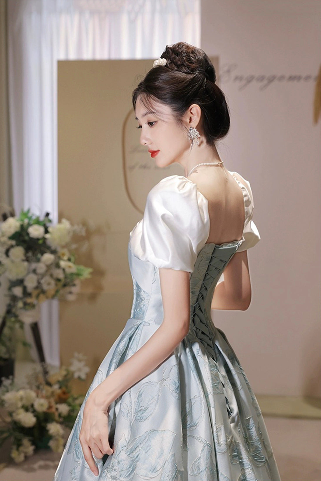 White and Blue Printed Floor Length Prom Dress, Lovely Short Sleeve Formal Evening Dress