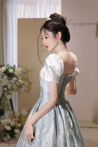 White and Blue Printed Floor Length Prom Dress, Lovely Short Sleeve Formal Evening Dress