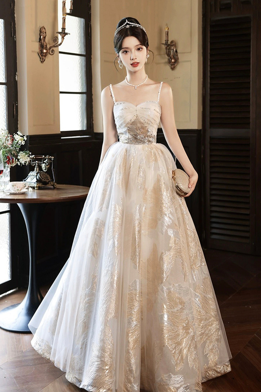 Champagne Spaghetti Strap Tulle Formal Dress, A-Line Sweetheart Neck Evening Party Dress