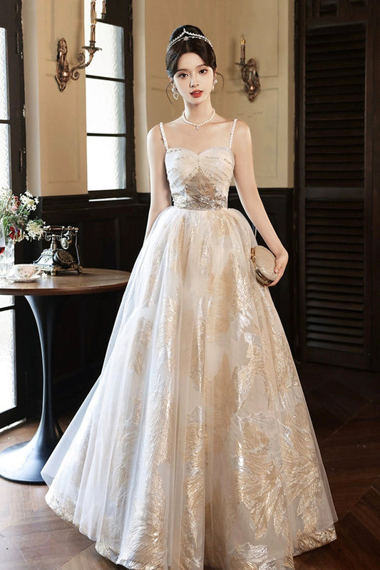 Champagne Spaghetti Strap Tulle Formal Dress, A-Line Sweetheart Neck Evening Party Dress