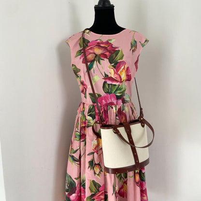 The Row beige canvas and leather bucket bag