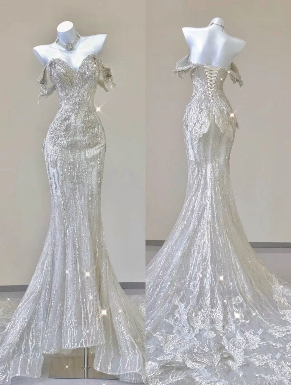 White Fashion Gorgeous Unique Beaded Mermaid Long Off-shoulder Sequined Short Sleeve Wedding Dress Bridal Gown gh4303