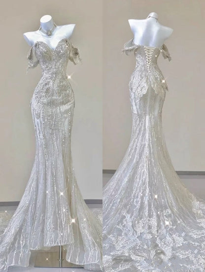 White Fashion Gorgeous Unique Beaded Mermaid Long Off-shoulder Sequined Short Sleeve Wedding Dress Bridal Gown gh4303