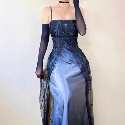 Blue elegant fashion exquisite spaghetti straps long tulle ball gown evening dress party dress prom dress gh4482