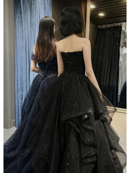 Black Shiny Sweetheart Tulle Layers Ball Gown Formal Dresses, Black Evening Dress Prom Dress  gh2302
