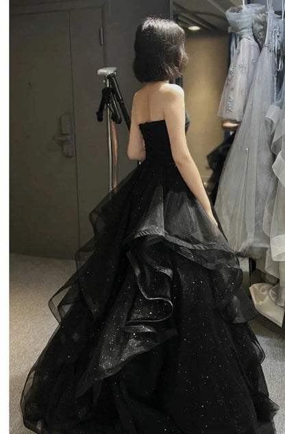 Black Shiny Sweetheart Tulle Layers Ball Gown Formal Dresses, Black Evening Dress Prom Dress  gh2302