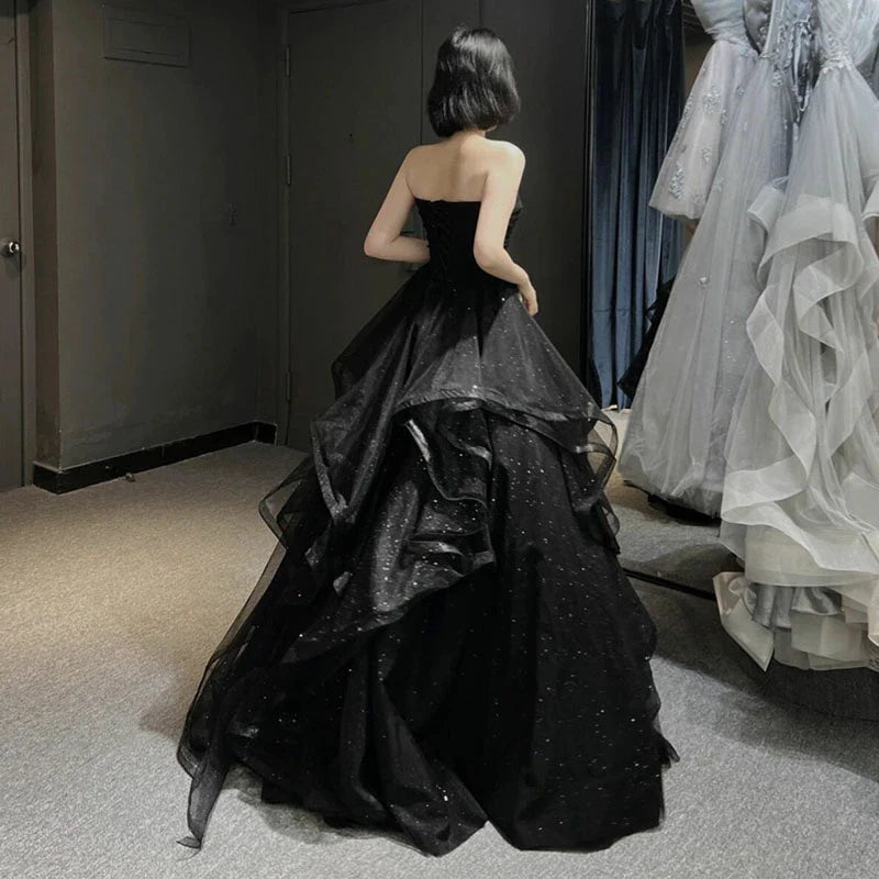 Black Shiny Sweetheart Tulle Layers Ball Gown Formal Dresses, Black Evening Dress Prom Dress  gh2302