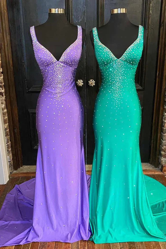 Rose Red V-neck Beading Mermaid Prom Dress with Side Slit gh2587