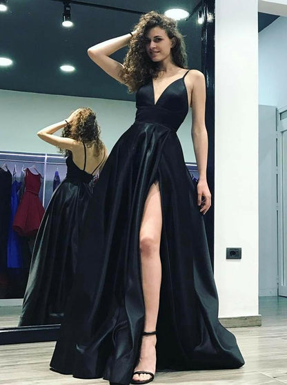V-neck Maxi Side Slit Evening Prom Dress with Spaghetti Straps